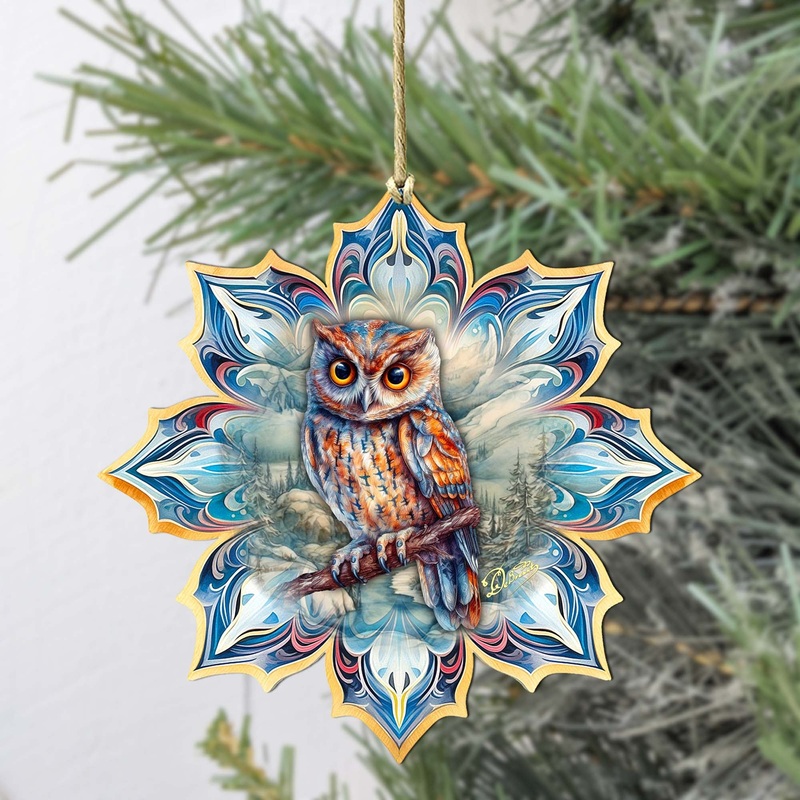 Great Horned Owl Snowflake Wooden Ornaments by G. Debrekht – Nature Wildlife Decor – 8688436