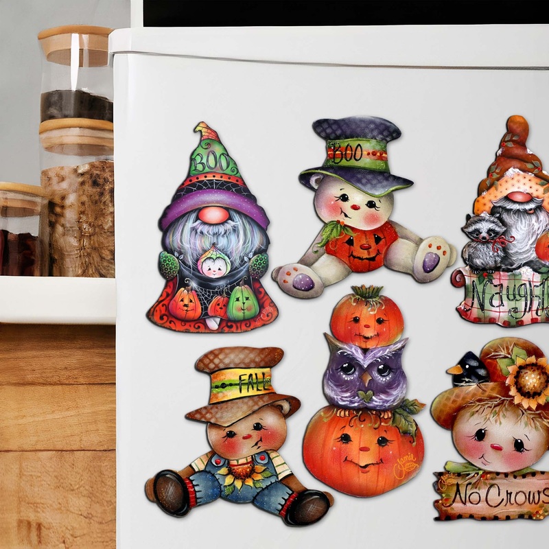 Hello Fall – Pumpkin, Scarecrow, Gnome Decorative Wooden Magnets Set of 6 by Jamie Mills-Price – Thanksgiving Decor – 8090047G-S6