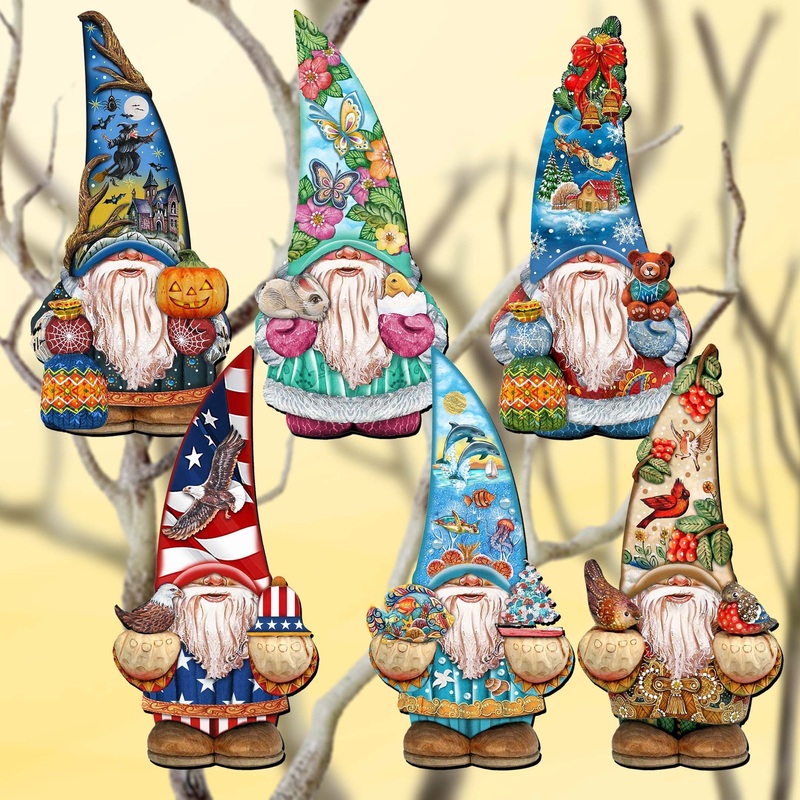 Holiday Gnomes Decorative Wooden Clip-on Ornaments Set of 6 by G. Debrekht  – Christmas Decor – 8090138C-S6