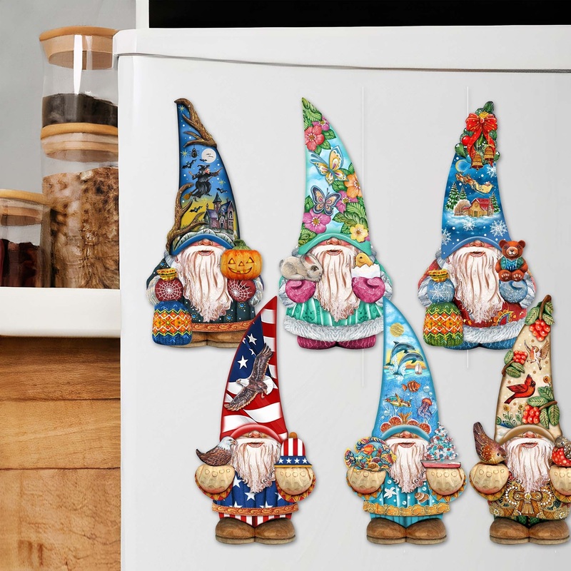 Holiday Gnomes Decorative Wooden Magnets Set of 6 by G. Debrekht – Christmas Decor – 8090138G-S6