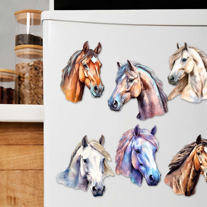 Horses Decorative Wooden Magnets Set of 6 by G. Debrekht – Wildlife Decor – 8090039G-S6