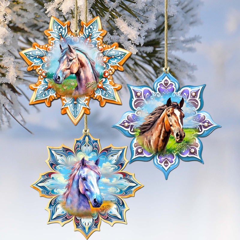 Horses Snowflake Wooden Ornaments Set of 3 by G. Debrekht – Nature Wildlife Decor – 8090151-S3