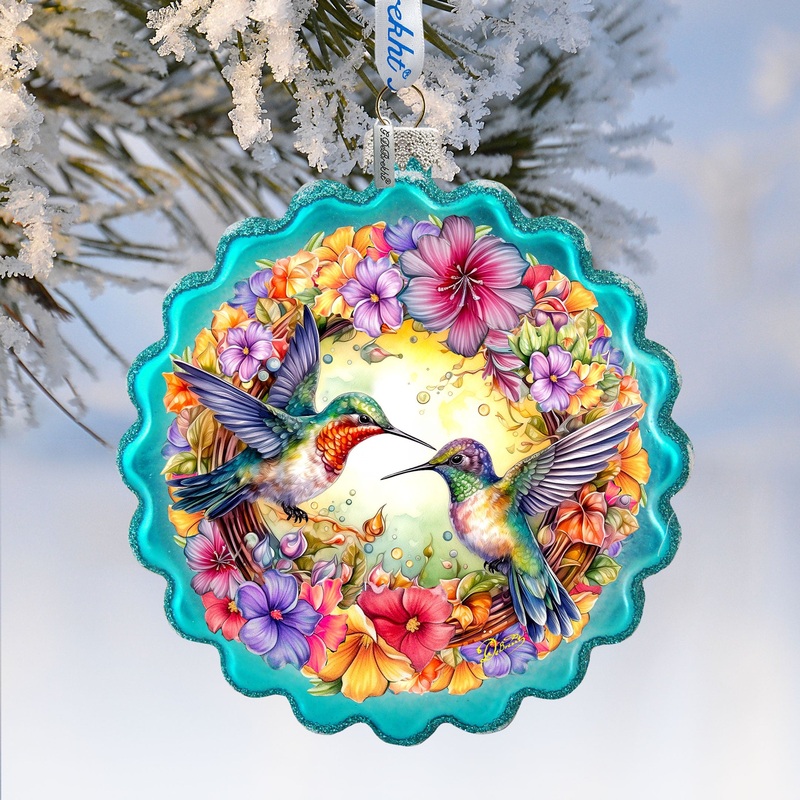 Hummingbirds Wreath Glass Ornament by G. Debrekht – Wildlife Holiday Decor – 759-061