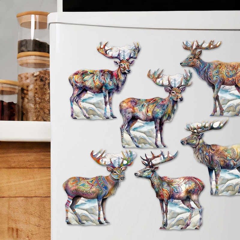 Iconic Caribou of Alaska Decorative Wooden Magnets Set of 6 by G. Debrekht – Wildlife Decor – 8090111G-S6