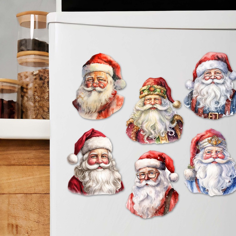 Jolly Santa Faces Decorative Wooden Magnets Set of 6 by G. Debrekht – Christmas Santa Snowman Dcor – 8090045G-S6