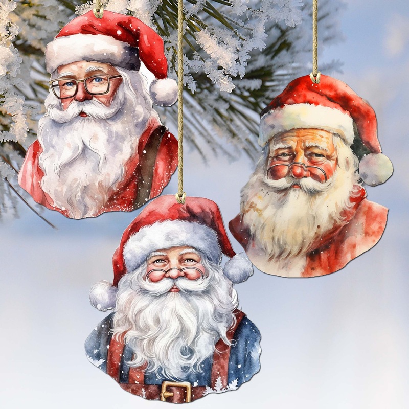 Jolly Santa Faces Decorative Wooden Ornaments Set of 3 by G. Debrekht – Christmas Decor – 8091045-S3