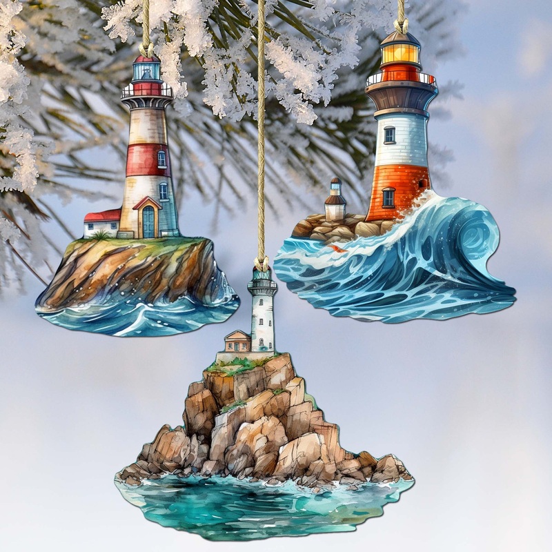 Lighthouse Decorative Wooden Ornaments Set of 3 by G. Debrekht – Coastal Decor – 8091022-S3