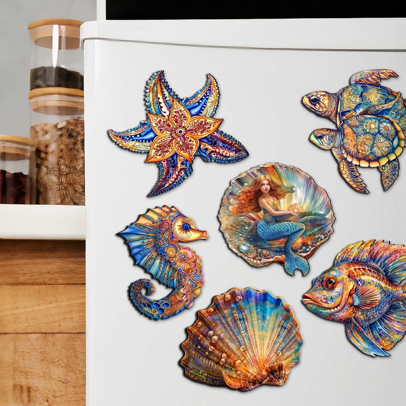 Mermaid and Friends Decorative Wooden Magnets Set of 6 by G. Debrekht – Coastal Decor – 8090064G-S6