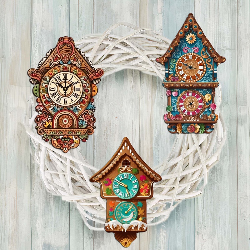 Miniature clock Decorative Wooden Clip-on Ornaments Set of 3 by G. Debrekht – Christmas Decor – 8091020C-S3