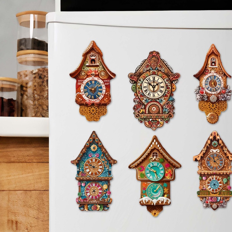 Miniature clock Decorative Wooden Magnets Set of 6 by G. Debrekht – Christmas Decor – 8090020G-S6