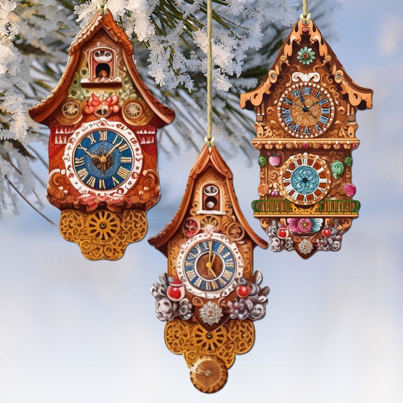 Miniature Clock Decorative Wooden Ornaments Set of 3 by G. Debrekht – Christmas Decor – 8091020-S3