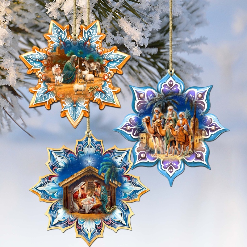 Nativity Snowflake Wooden Ornaments Set of 3 by G. Debrekht – Nativity Holiday Decor – 8090153-S3