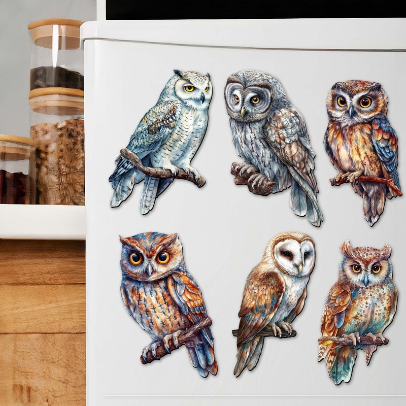 Night Owls Decorative Wooden Magnets Set of 6 by G. Debrekht – Wildlife Decor – 8090004G-S6