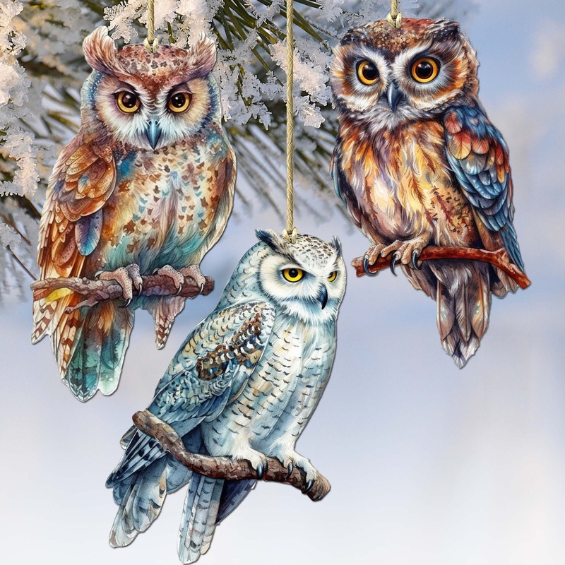 Night Owls Decorative Wooden Ornaments of 3 by G. Debrekht – Wildlife Decor – 8091004-S3