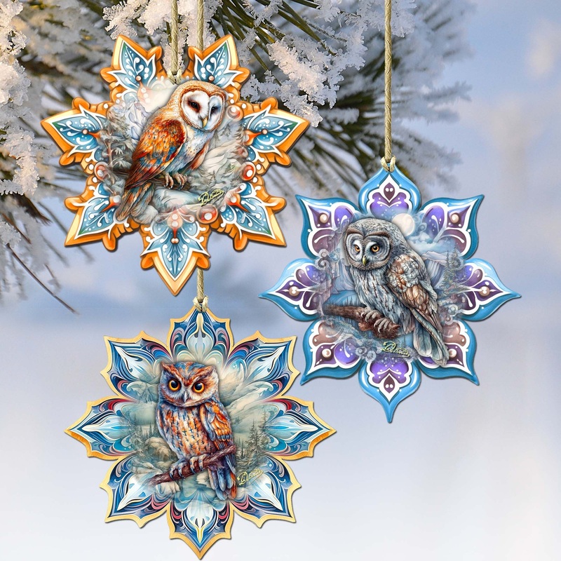 Owls Snowflake Wooden Ornaments Set of 3 by G. Debrekht – Nature Wildlife Decor – 8090152-S3