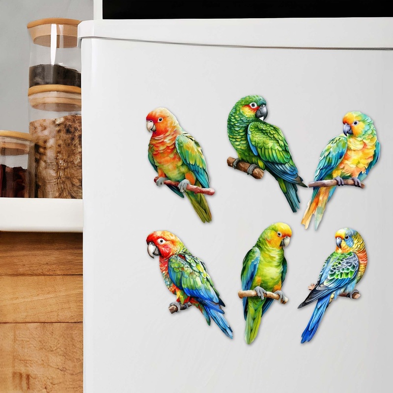 Parrots Decorative Wooden Magnets Set of 6 by G. Debrekht – Wildlife Decor – 8090013G-S6