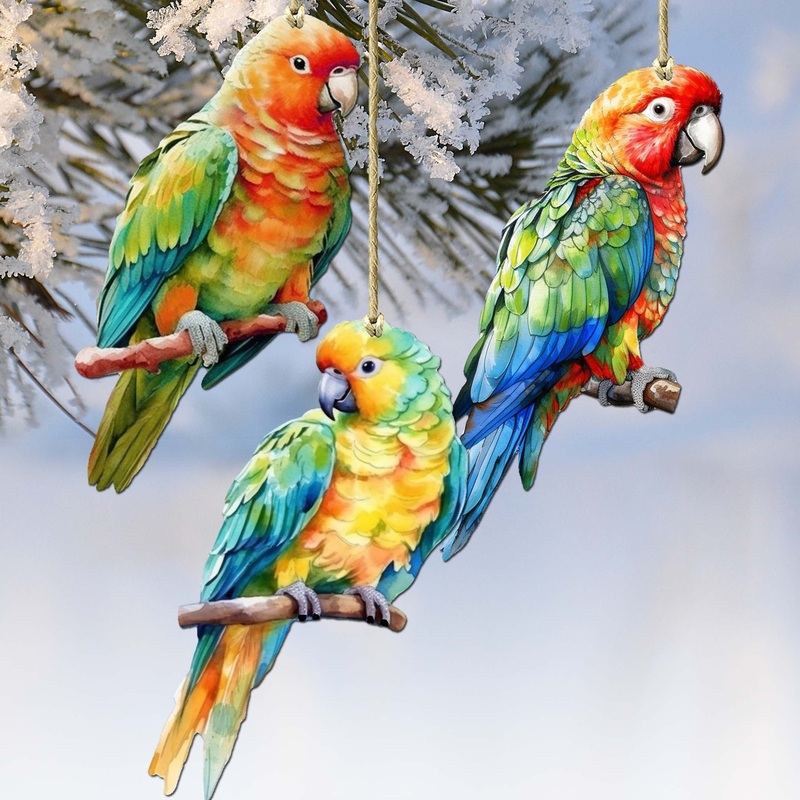Parrots Decorative Wooden Ornaments of 3 by G. Debrekht – Wildlife Decor – 8091013-S3
