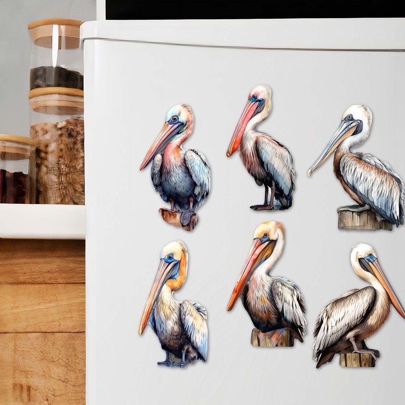 Pelicans Decorative Wooden Magnets Set of 6 by G. Debrekht – Coastal Decor – 8090014G-S6