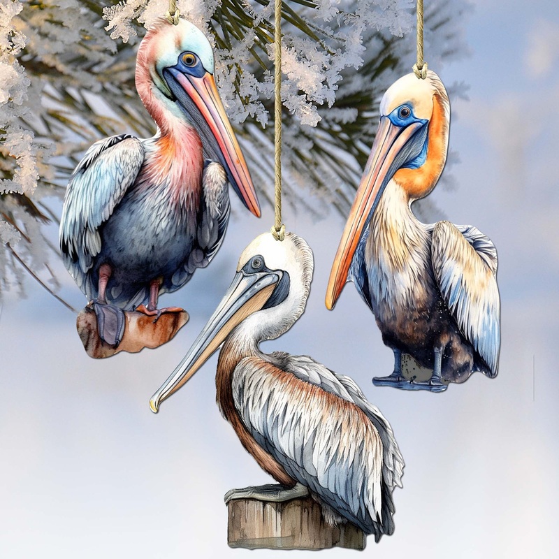 Pelicans Decorative Wooden Ornaments of 3 by G. Debrekht – Coastal Decor – 8091014-S3