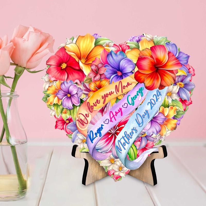 Personalized Mother’s Day Gift – Family Names Flower Heart on Stand Wooden Decoration, Gift for Mom by G. Debrekht Family Love Decor – 8688300