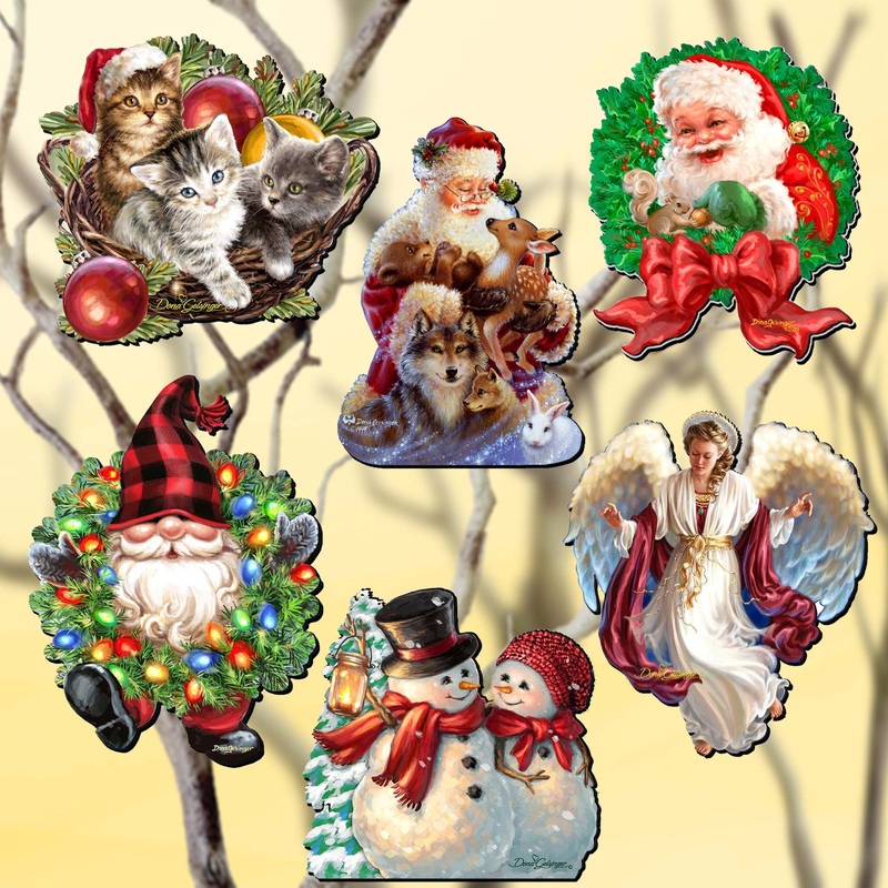 Santa and Friends Decorative Wooden Clip-on Ornaments Set of 6 by D. Gelsinger – Christmas Decor – 8090134C-S6