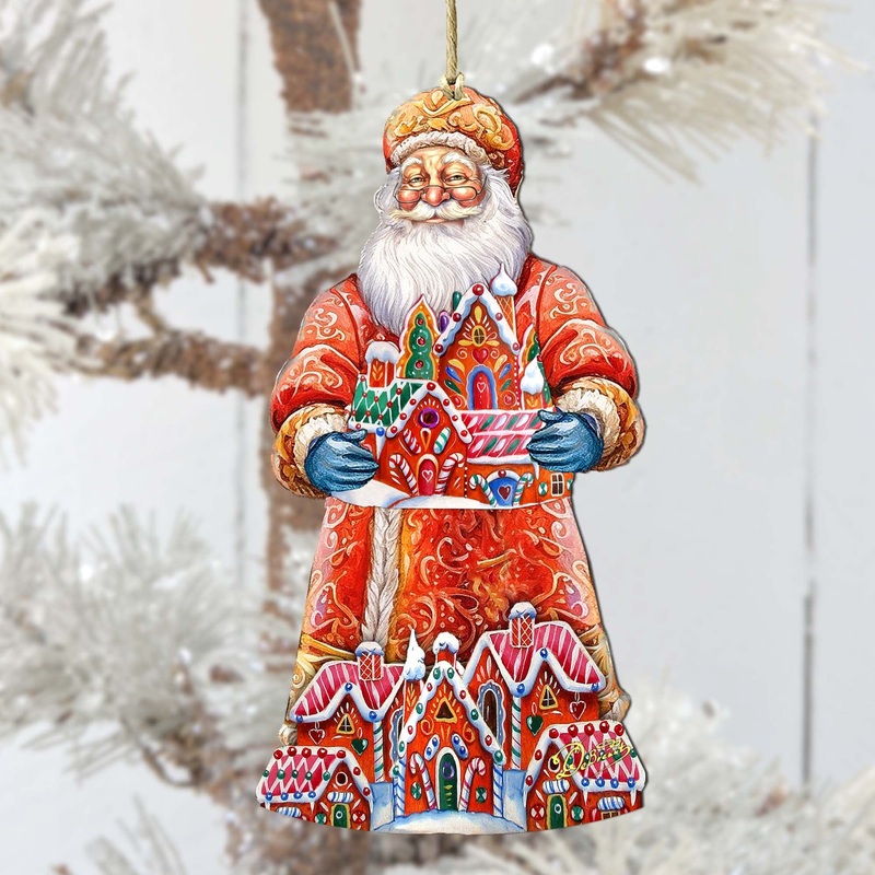 Santa and the Gingerbread House Wooden Ornaments by G. Debrekht – Christmas Santa Snowman Decor – 8691404