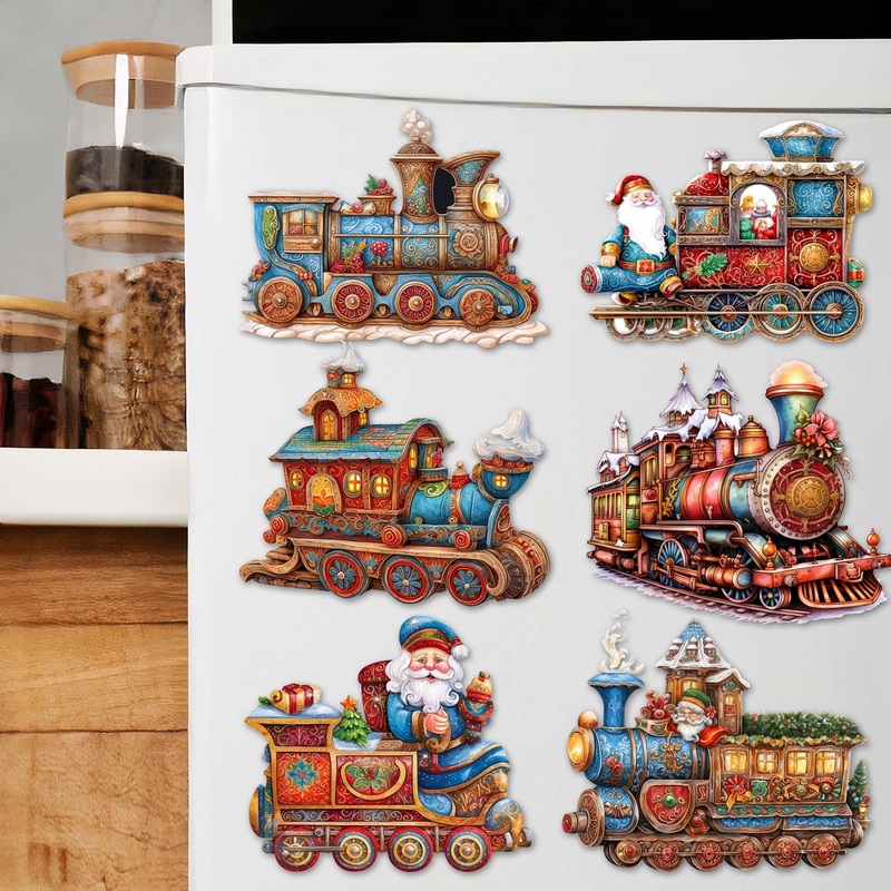 Santa Christmas Train Decorative Wooden Magnets Set of 6 by G. Debrekht – Christmas Decor – 8090123G-S6