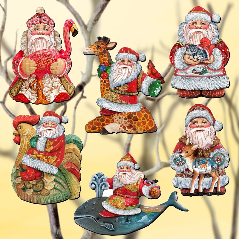 Santa Decorative Wooden Clip-on Ornaments Set of 6 by G. Debrekht – Christmas Decor – 8090131C-S6