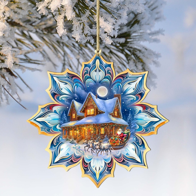 Santa’s Cottage Snowflake Wooden Ornaments by G. Debrekht – Christmas Santa Snowman Decor – 8688430