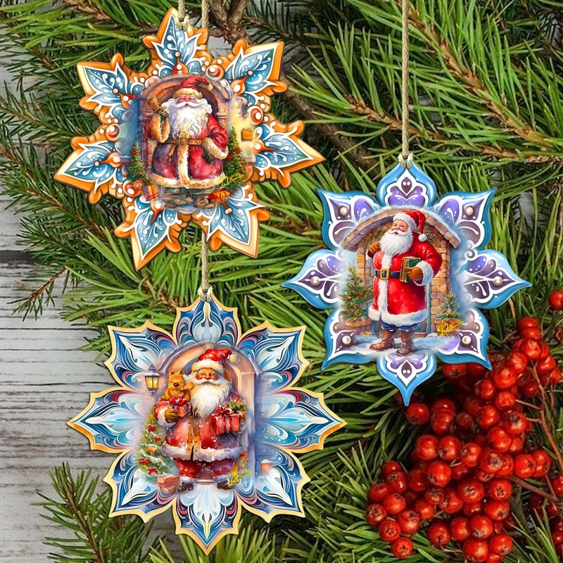 Santa’s Greetings Snowflake Wooden Ornaments Set of 3 by G. Debrekht – Christmas Decor – 8090147-S3