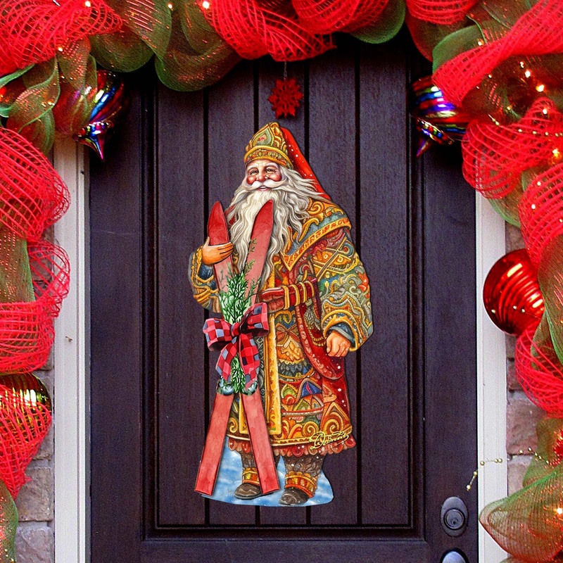 Santa’s Skiing Adventure Holiday Door Decor by G. Debrekht – Christmas Santa Snowman Decor – 8691403H