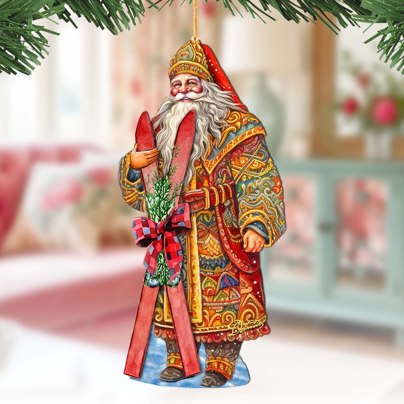 Santa’s Skiing Adventure Wooden Ornaments by G. Debrekht – Christmas Santa Snowman Decor – 8691403