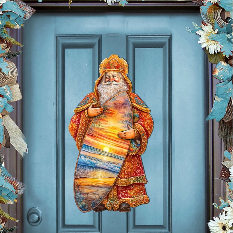 Santa’s Tropical Surf Ride Holiday Door Decor by G. Debrekht – Christmas Santa Snowman Decor – 8691413H