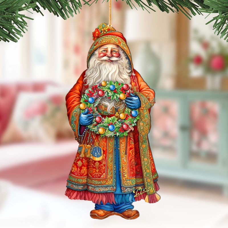 Santa’s Wreath of Joy Wooden Ornaments by G. Debrekht – Christmas Santa Snowman Decor – 8691402