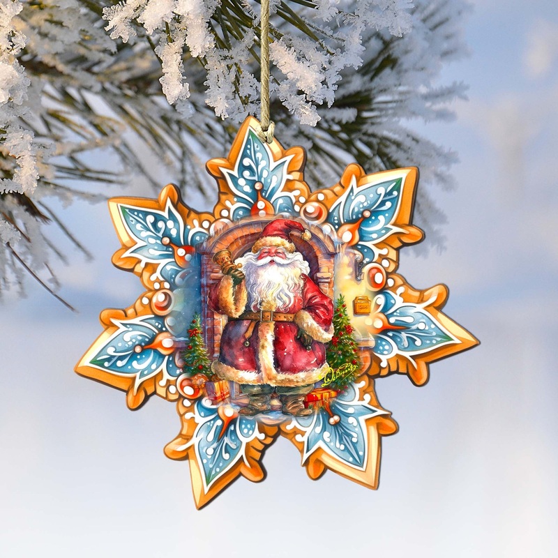 Santa with Bell Snowflake Wooden Ornaments by G. Debrekht – Christmas Santa Snowman Decor – 8688419