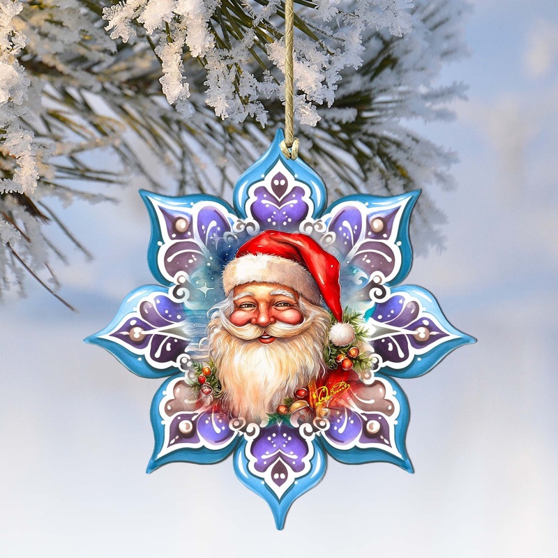 Smiling Santa Snowflake Wooden Ornaments by G. Debrekht – Christmas Santa Snowman Decor – 8688423