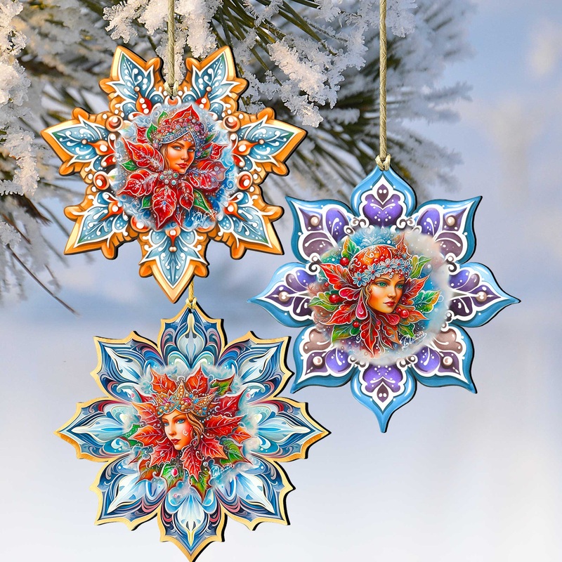 Snow Queen Snowflake Wooden Ornaments set of 3 by G. Debrekht – Christmas Dcor – 8090141-S3
