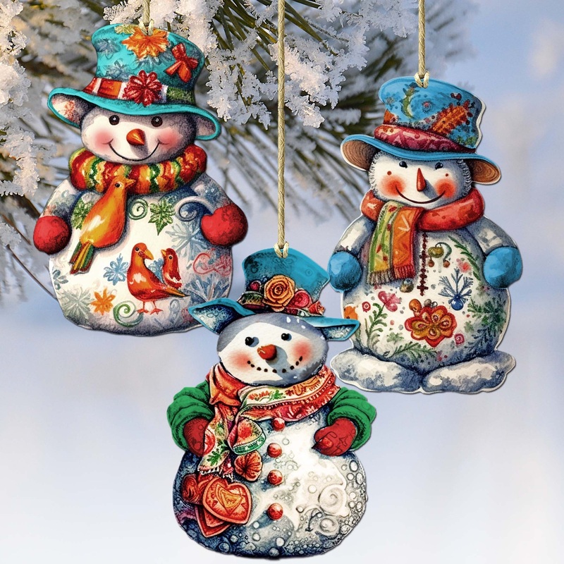Snowman Decorative Wooden Ornaments Set of 3 by G. Debrekht – Christmas Decor – 8091023-S3