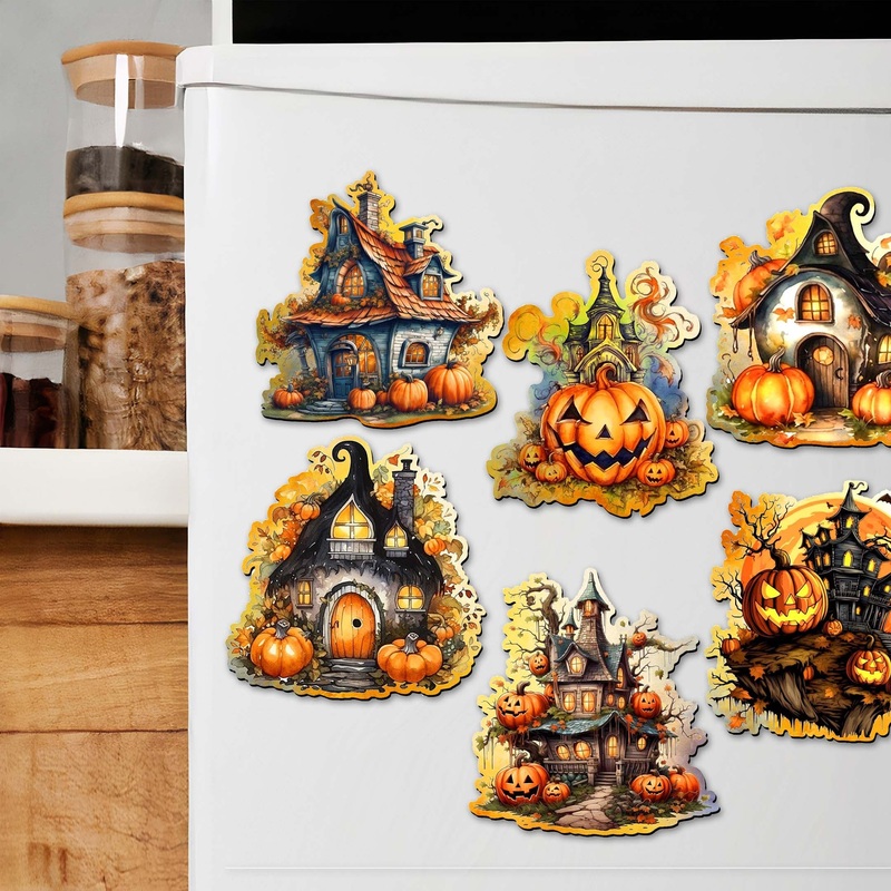 Spooky Houses Decorative Wooden Magnets Set of 6 by G. Debrekht – Halloween Decor – 8090007G-S6