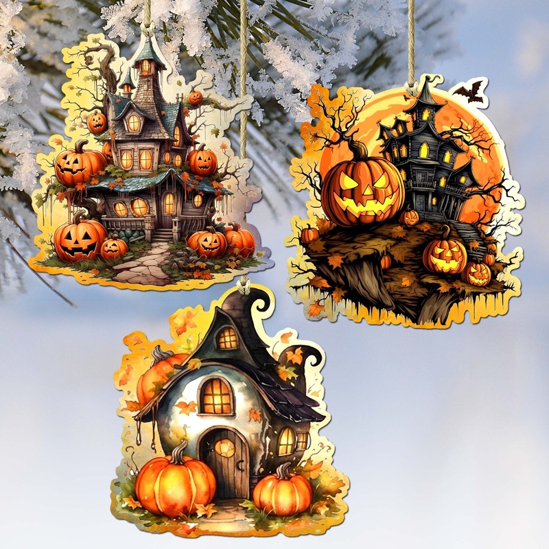Spooky Houses Decorative Wooden Ornaments of 3 by G. Debrekht – Halloween Decor – 8091007-S3