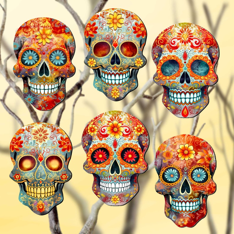 Sugar Skulls Decorative Wooden Clip-on Ornaments of 6 by G. Debrekht – Halloween Decor – 8090071C-S6