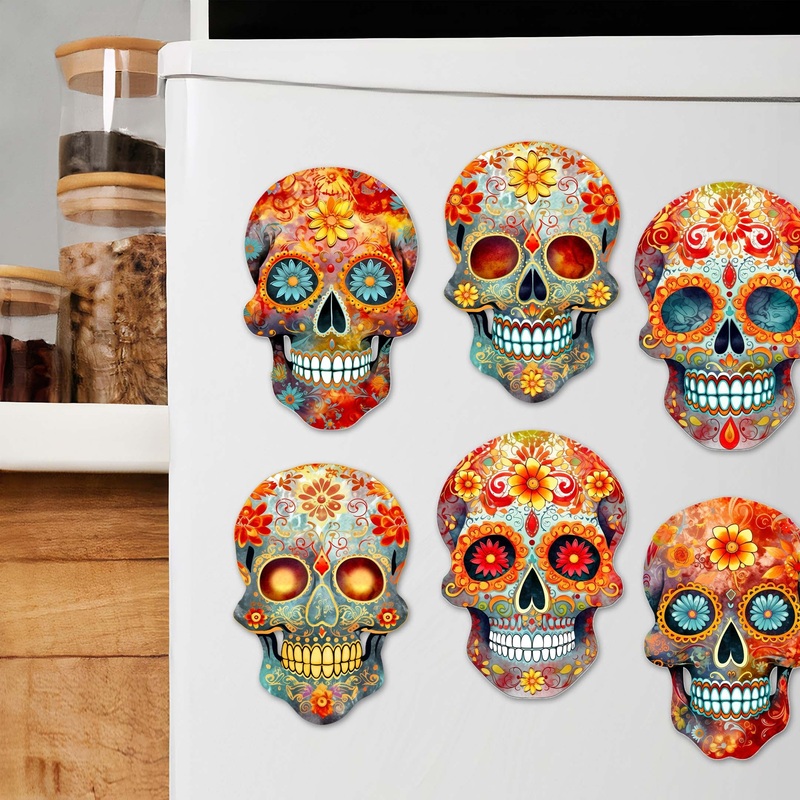 Sugar Skulls Decorative Wooden Magnets Set of 6 by G. Debrekht – Halloween Decor – 8090071G-S6
