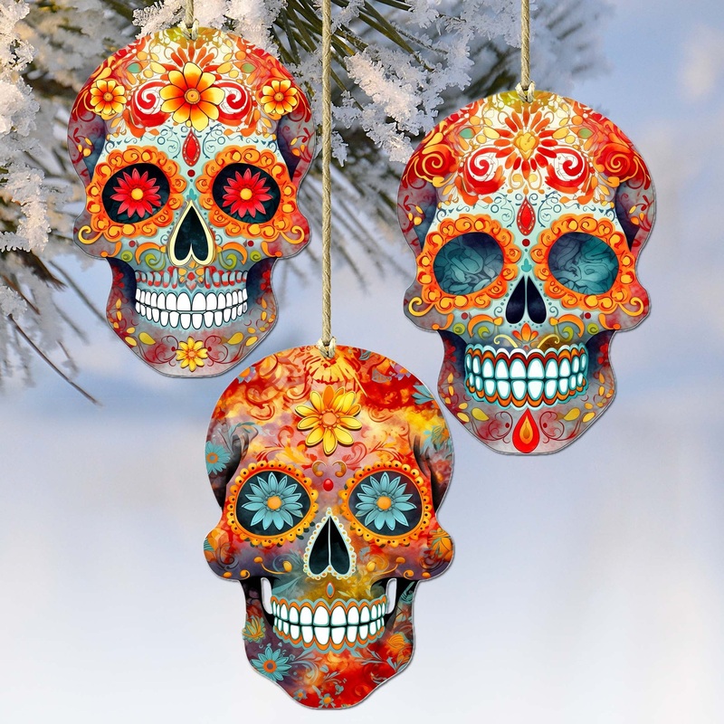 Sugar Skulls Decorative Wooden Ornaments of 3 by G. Debrekht – Halloween Decor – 8091071-S3