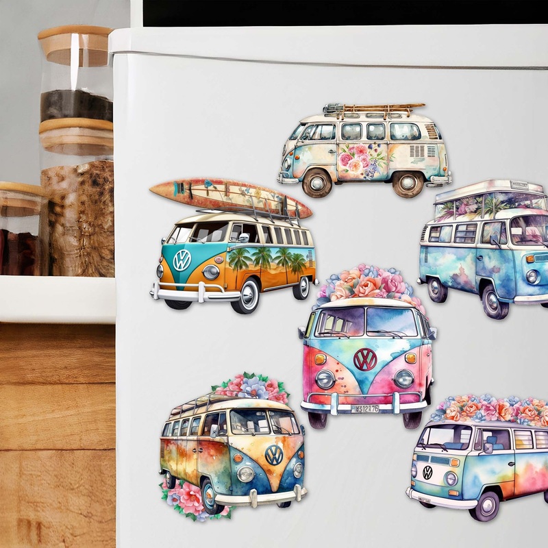 Surf Vans Decorative Wooden Magnets Set of 6 by G. Debrekht – Coastal Decor – 8090040G-S6