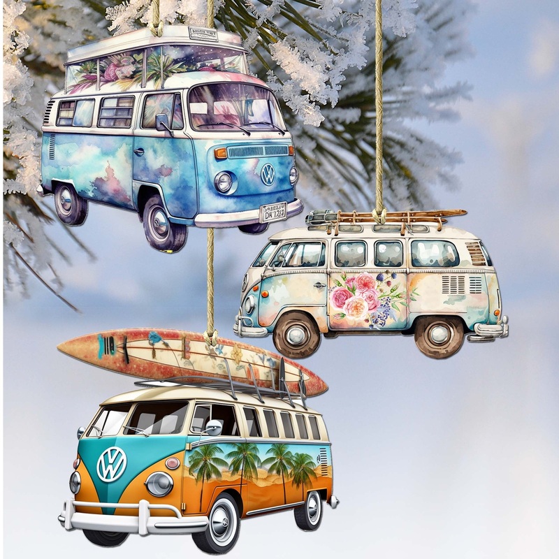 Surf Vans Decorative Wooden Ornaments Set of 3 by G. Debrekht – Coastal Decor – 8091040-S3