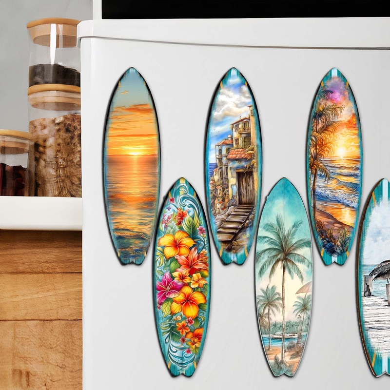 Tropical Surfboards Decorative Wooden Magnets Set of 6 by G. Debrekht – Coastal Decor – 8090069G-S6