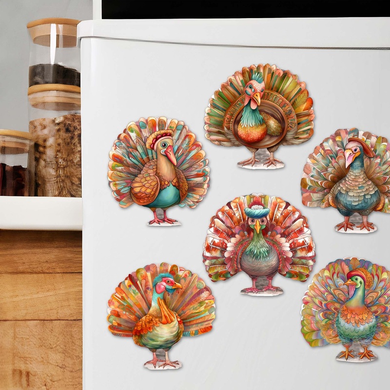Turkey Decorative Wooden Magnets Set of 6 by G. Debrekht – Thanksgiving Decor – 8090027G-S6