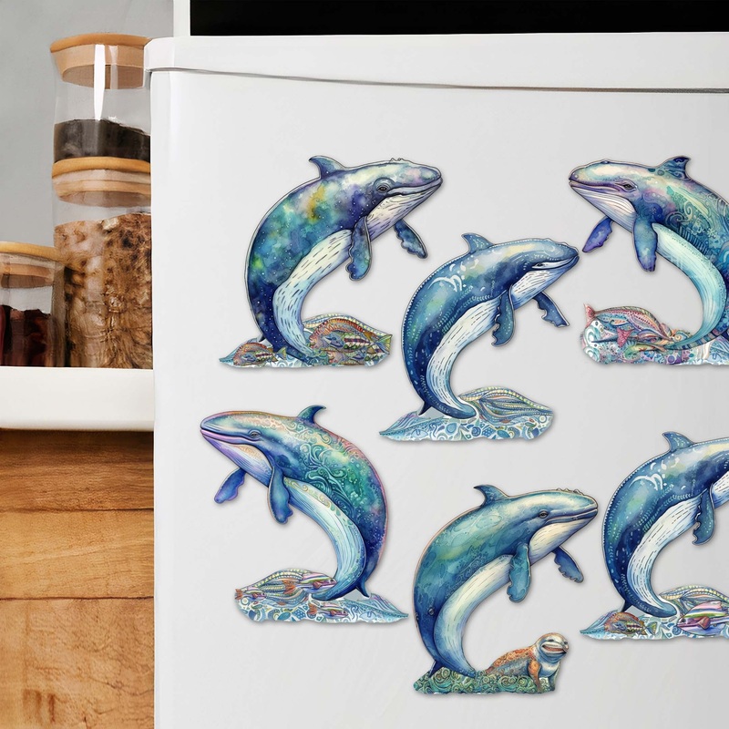 Whale’s Melody Decorative Wooden Magnets Set of 6 by G. Debrekht – Wildlife Coastal Decor – 8090110G-S6