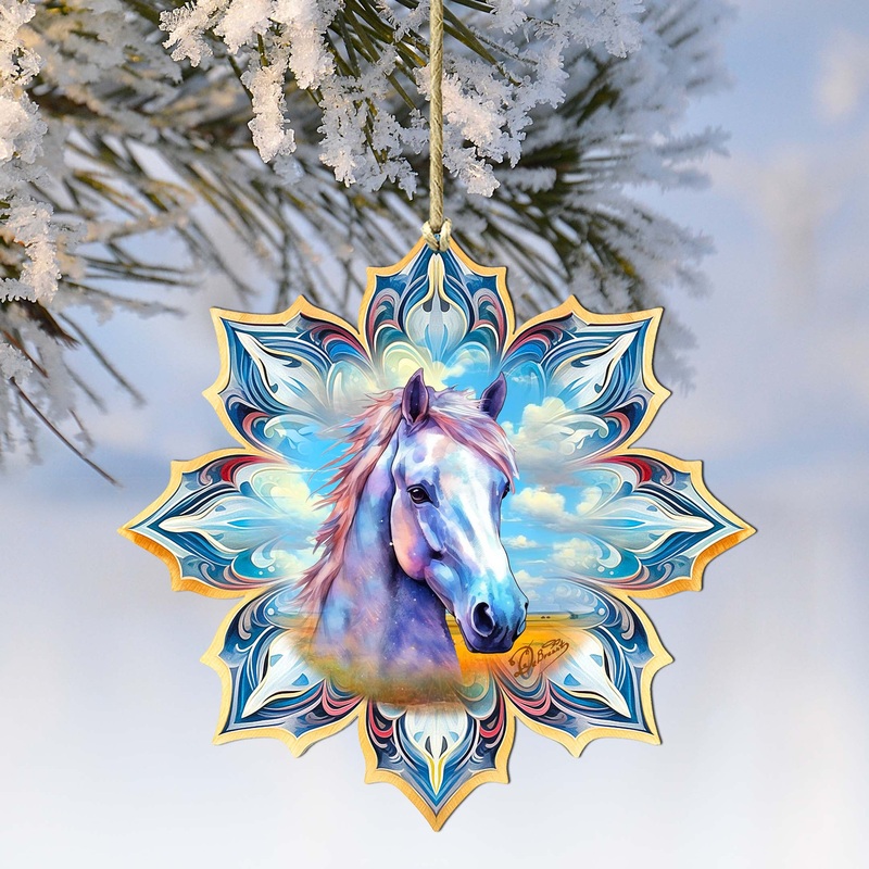 White Horse Snowflake Wooden Ornaments by G. Debrekht – Nature Wildlife Decor – 8688433