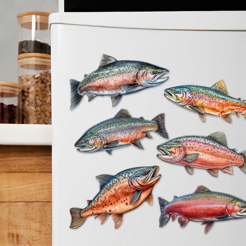 Wild Salmon Tales Decorative Wooden Magnets Set of 6 by G. Debrekht – Wildlife Coastal Decor – 8090109G-S6